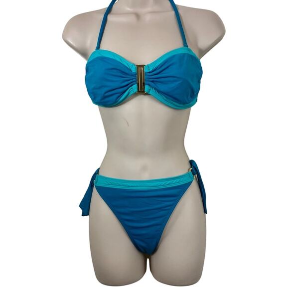 Leilani Bright Blue with Turquoise Trim Bikini Bathing Suit Gold Tone Trim - Picture 16 of 16